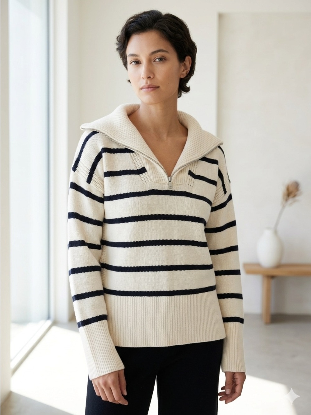 Kit + Ace Cream Striped Merino Wool Half-Zip Sweater - Small
